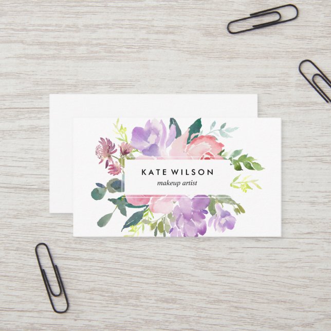 Modern Floral Watercolor Pink Purple Flower Business Card (Front/Back In Situ)
