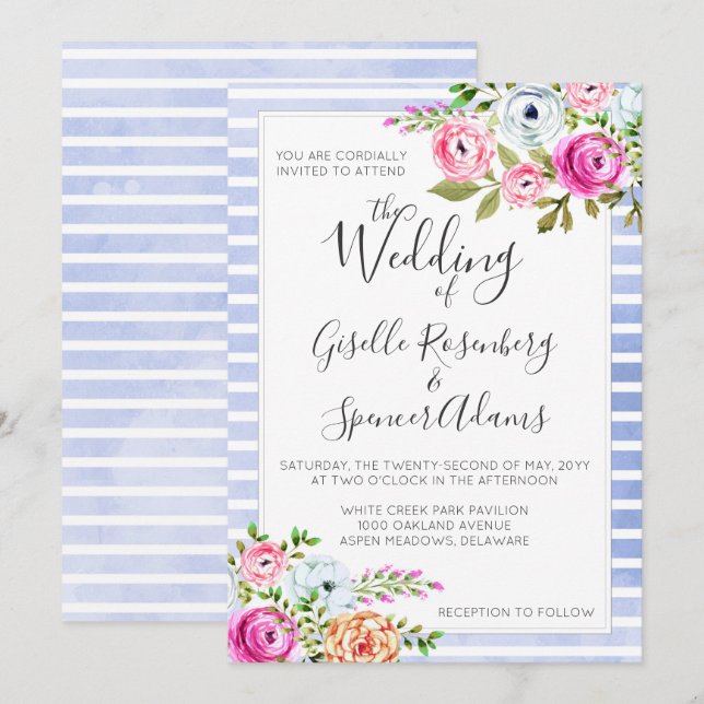 Modern Floral Watercolor Stripe Wedding Invitation (Front/Back)