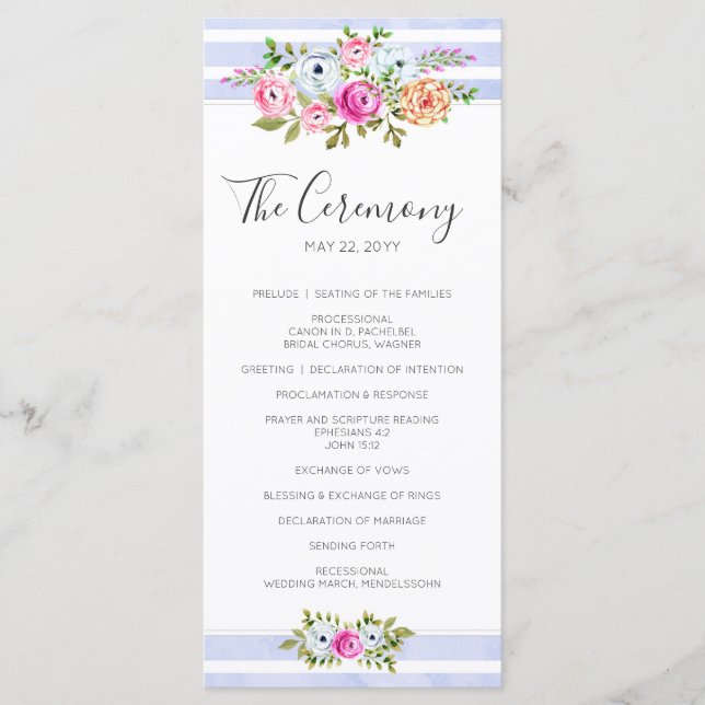 Modern Floral Watercolor Stripe Wedding Program Programme (Front)