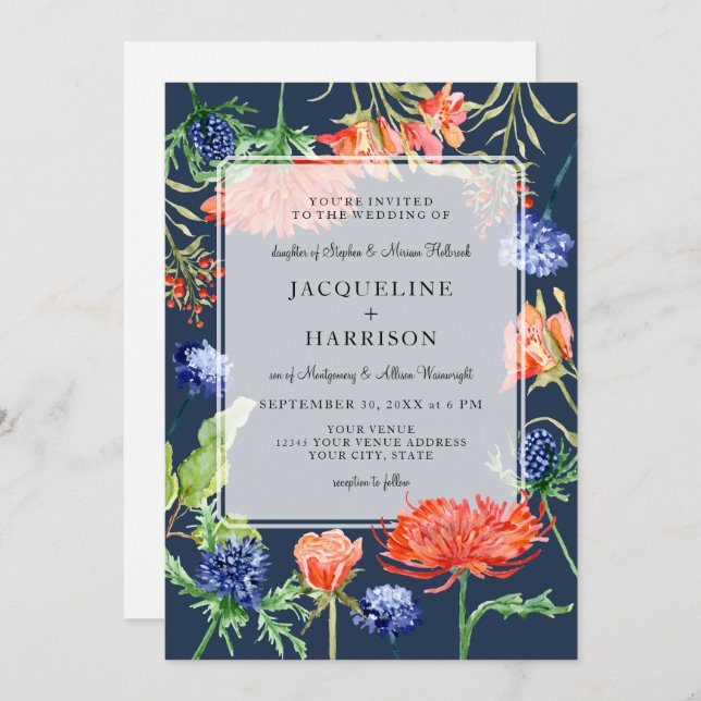 Modern Floral Watercolor Summer Navy Mum Thistle Invitation (Front/Back)