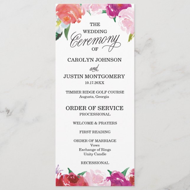 Modern Floral Watercolor Wedding Programs Programme (Front)