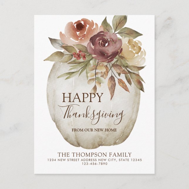 Modern Floral Watercolor White Pumpkin Moving Announcement Postcard (Front)