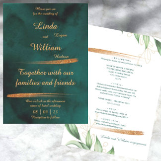 Modern Floral Wedding Dark Green, Gold Text Colour Invitation