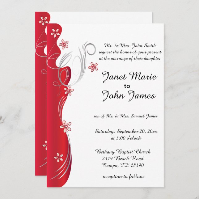 Modern Floral Wedding | Deep Red and Silver Invitation (Front/Back)