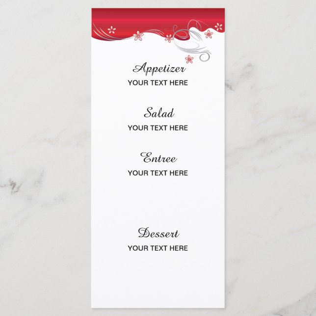 Modern Floral Wedding | Deep Red and Silver Menu (Front)