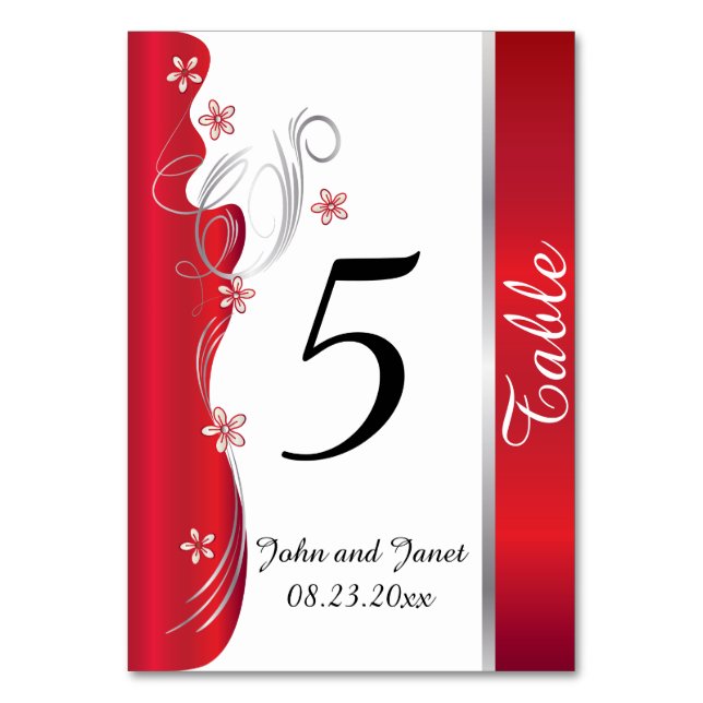 Modern Floral Wedding | Deep Red and Silver Table Number (Front)