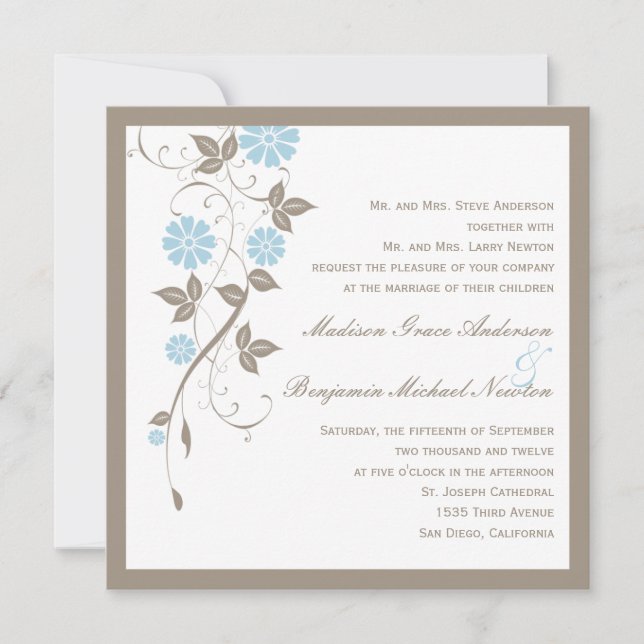 Modern Floral Wedding Invitation - Aqua Blue (Front)