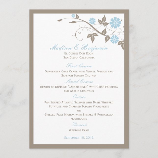 Modern Floral Wedding Menu - Aqua Blue (Front)