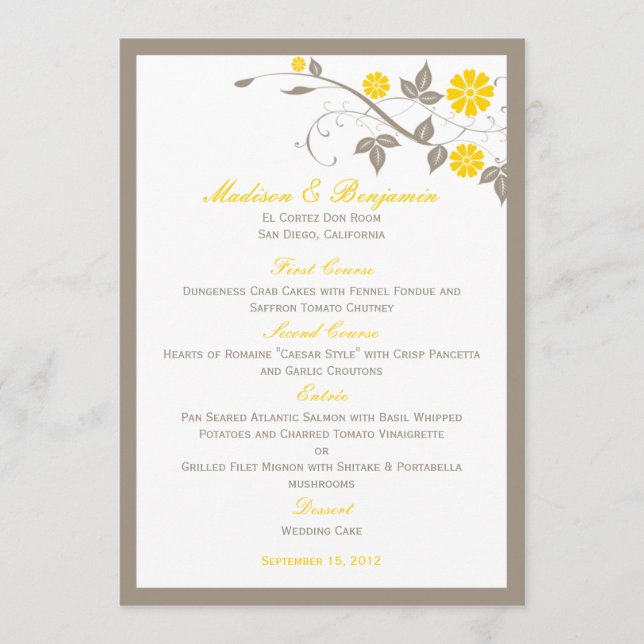 Modern Floral Wedding Menu - Mustard (Front)