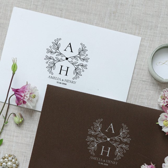 Modern Floral Wedding Monogram  Rubber Stamp (Creator Uploaded)