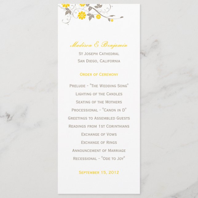 Modern Floral Wedding Program - Mustard Programme (Front)