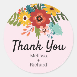 Modern Floral Wedding Thank You Pastel Pink Classic Round Sticker