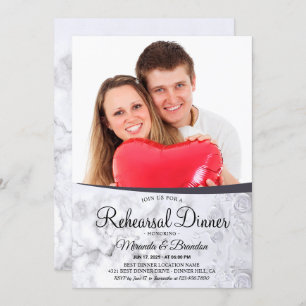 Modern Floral White Marble Photo Rehearsal Dinner Invitation