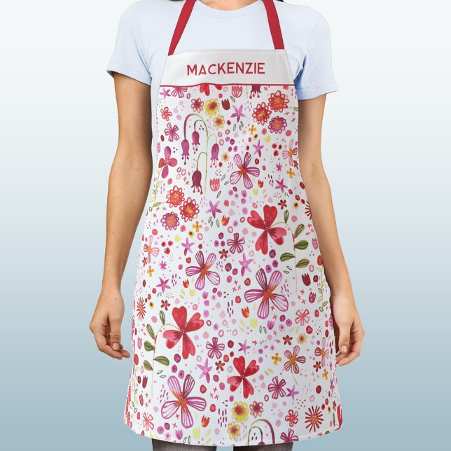 Modern Floral Wildflower Personalised Name Apron (Modern watercolor wildflower pattern apron with personalized custom name)