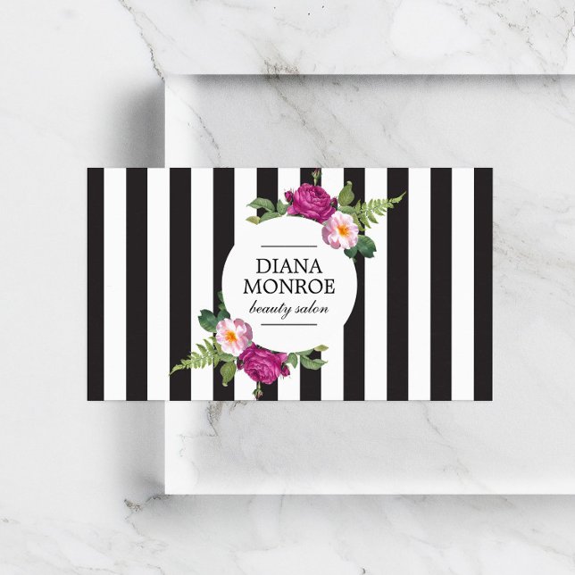 Modern Floral Wreath Striped Salon Business Card (Creator Uploaded)