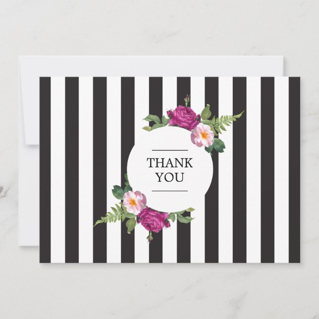 Modern Floral Wreath Striped Thank You Card (Front)