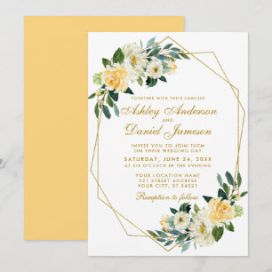 Modern Floral Yellow Gold Geometric Wedding Invitation