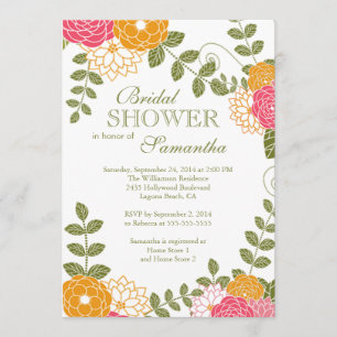 Modern Floral  Zinnia & Mums Flower Bridal Shower Invitation