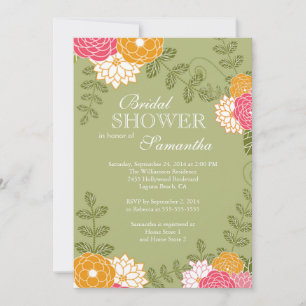 Modern Floral  Zinnia & Mums Flower Bridal Shower Invitation