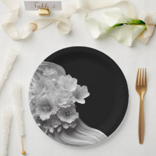 Modern Florals Black and White Wedding Paper Plate