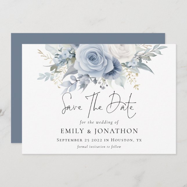 Modern Florals Dusty Blue QR Code Wedding Save The Date (Front/Back)