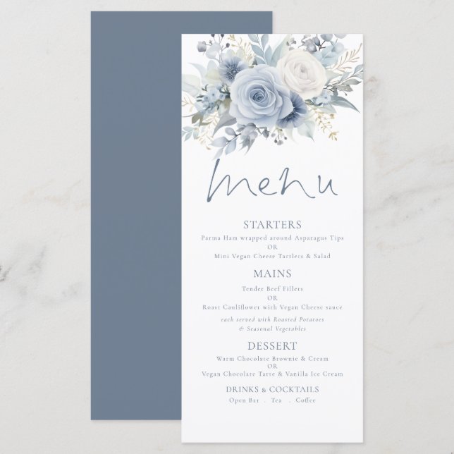 Modern Florals Dusty Blue Text Wedding Menu (Front/Back)
