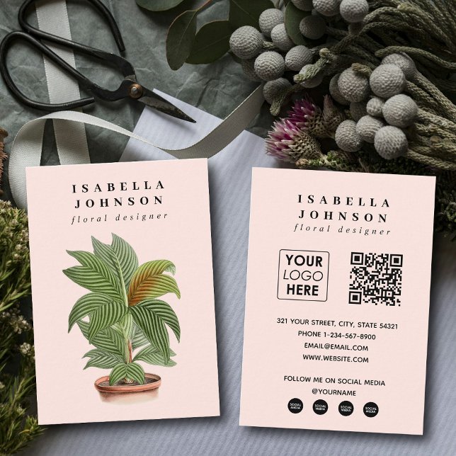 Modern Florist Logo Pink QR Code Social Media Business Card (Modern Florist Logo Pink QR Code Social Media Business Card)