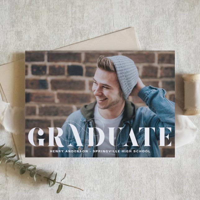 Modern Flourish Typography Photo Graduation Invitation (Customizable photo graduation invitation featuring modern typography. )