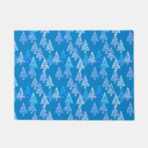 Modern Flower Christmas Trees Cerulean Blue Doormat