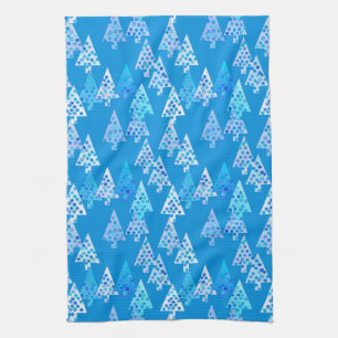 Modern flower Christmas trees - cerulean blue Tea Towel