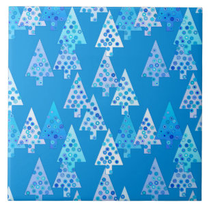 Modern flower Christmas trees - cerulean blue Tile