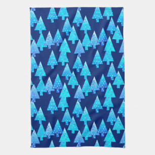 Modern flower Christmas trees - cobalt blue Tea Towel