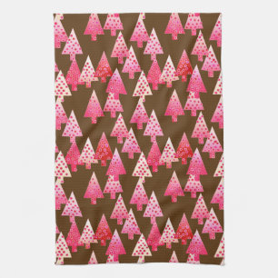 Modern flower Christmas trees - coral & brown Tea Towel
