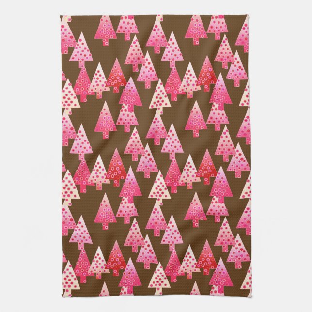 Modern flower Christmas trees - coral & brown Tea Towel (Vertical)