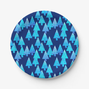 Modern flower Christmas trees - deep blue Paper Plate