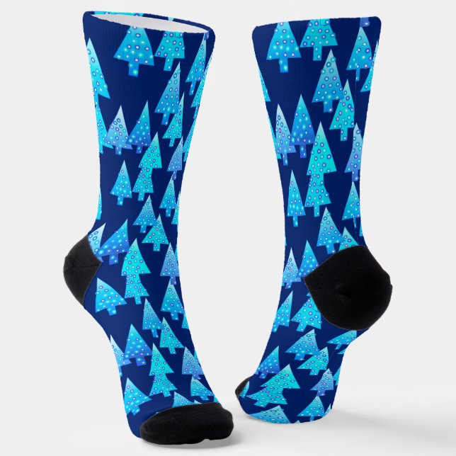 Modern Flower Christmas Trees, Navy and Sky Blue  Socks (Angled)