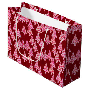 Modern Flower Christmas Trees, Pink and Burgundy Large Gift Bag