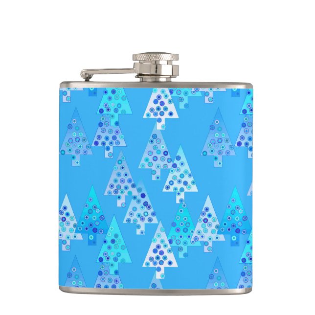 Modern flower Christmas trees - sky blue Hip Flask (Front)