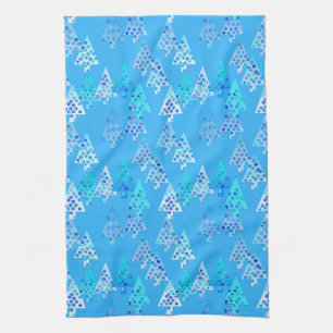 Modern flower Christmas trees - sky blue Tea Towel