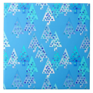 Modern flower Christmas trees - sky blue Tile