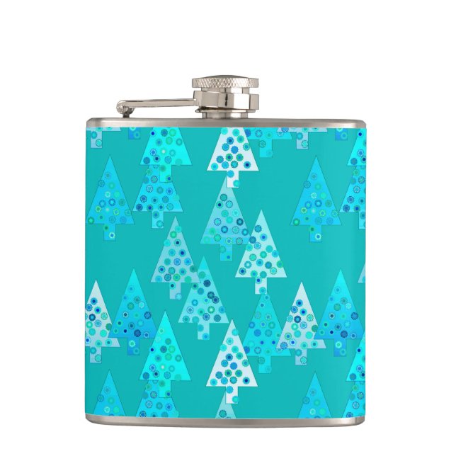 Modern flower Christmas trees - turquoise Hip Flask (Front)
