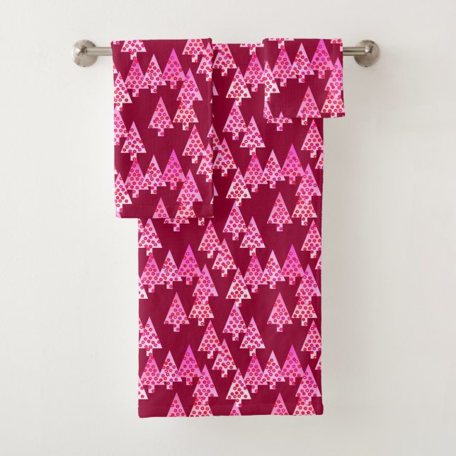 Modern Flower Christmas Trees, Wine & Pink Bath Towel Set (Insitu)
