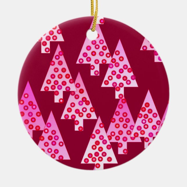 Modern flower Christmas trees - wine & pink Ceramic Tree Decoration (Front)