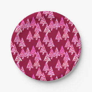 Modern flower Christmas trees - wine & pink Paper Plate
