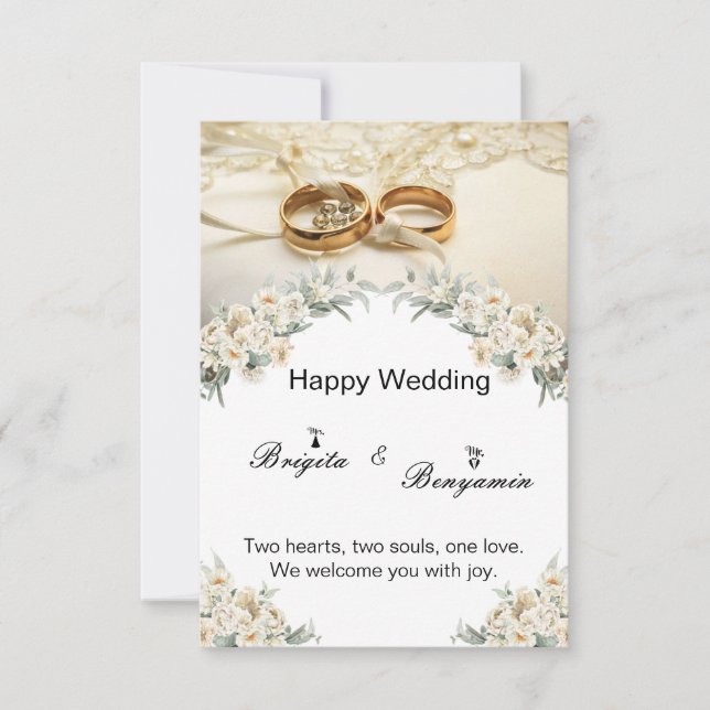 Modern flower decorations and 2 gold rings wedding invitation (Front)
