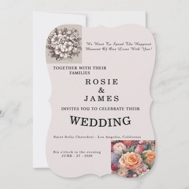 Modern Flower Design Nude Wedding Invitation (Front)
