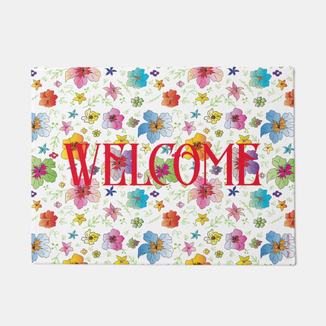 Modern Flower Floral Pattern Colourful Welcome Doormat (Front)