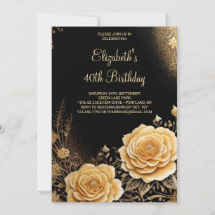 Modern Flower Gold Elegant 40th Birthday Invitation