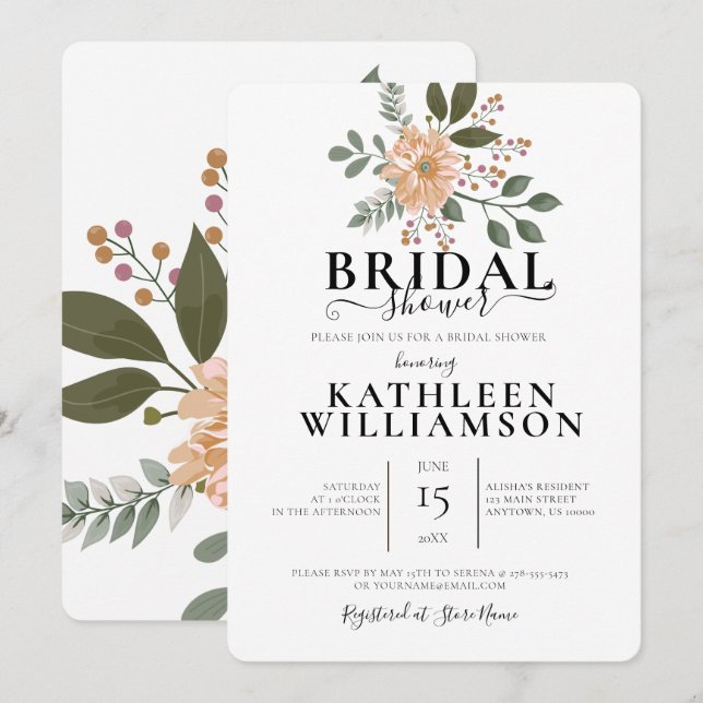 Modern Flower Illustration Bridal Shower Invitation (Front/Back)