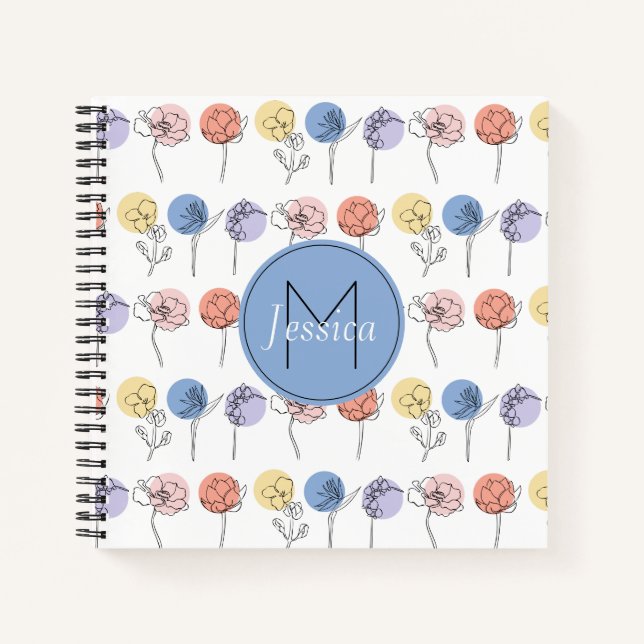 Modern Flower Line Drawings with Pastel Colours Notebook (Front)